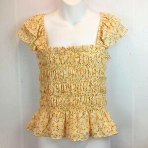 Mmcmmcmm boho Cottagecore floral yellow smocked bodice ruffle cap sleeve top XL